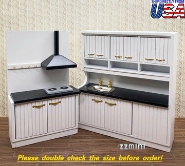 2pcs Kitchen Set Dollhouse White Miniature Cupboard Stove Sink Cabinet Furniture