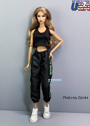 2pcs Handmade Black Tee and Black Pant For 11.5inch Fashion Doll Princess Top Doll Clothes 1/6 Toy