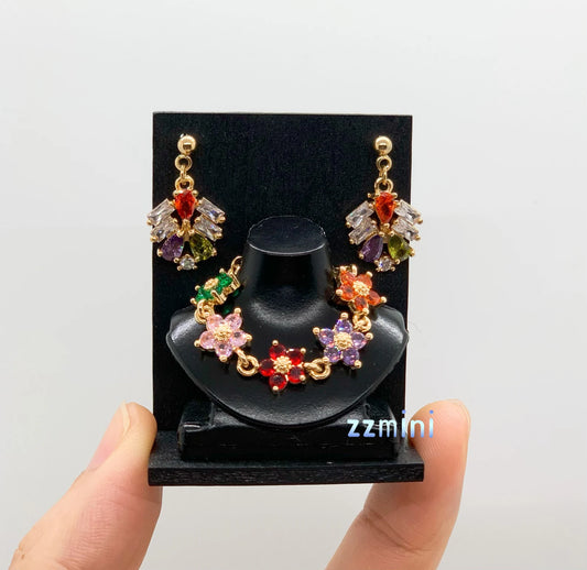 3PCS Handmade Fashion Doll Jewelry Rhinestones Colorful Flower Earrings and Necklace Set Accessories
