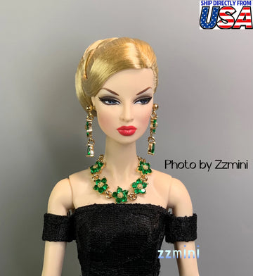 3PCS Handmade Fashion Doll Jewelry Rhinestones Green Flower Earrings and Necklace Set Accessories