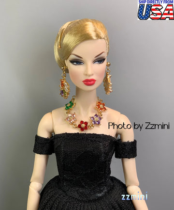 3PCS Handmade Fashion Doll Jewelry Rhinestones Colorful Flower Earrings and Necklace Set Accessories