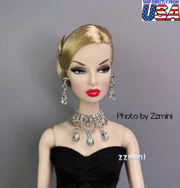 3PCS Handmade Fashion Doll Jewelry Rhinestones Silver Earrings and Necklace Set Accessories