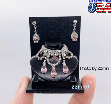 3PCS Handmade Fashion Doll Jewelry Rhinestones Pink Earrings and Necklace Set Accessories