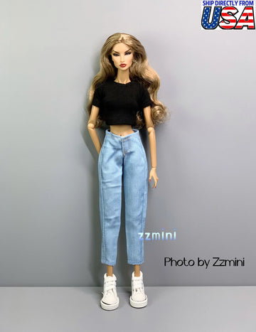 2pcs Handmade Black Tee and Jeans Pant For 11.5inch Fashion Doll Princess Top Doll Clothes