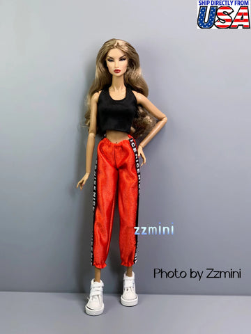 2pcs Handmade Black Tee and Red Pant For 11.5inch Fashion Doll Princess Top Doll Clothes 1/6 Toy