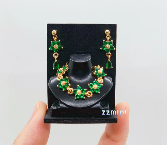 3PCS Handmade Fashion Doll Jewelry Rhinestones Green Flower Earrings and Necklace Set Accessories
