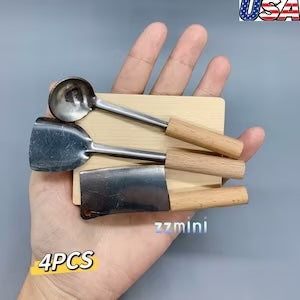4pcs Real Mini Cooking World Smallest Tiny Working Utensils Pocket Knife Spatula Spoon and Wooden Cutting Board For Cooking Mini Food Show