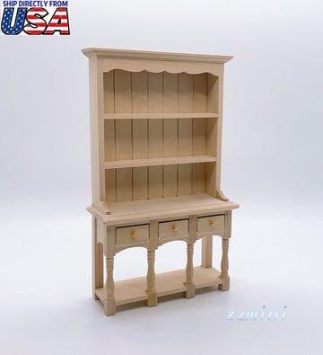 1/12 Dollhouse Miniature 3 Drawer Unfinished Cupboard Kitchen Hutch Cabinets with Pot Shelf